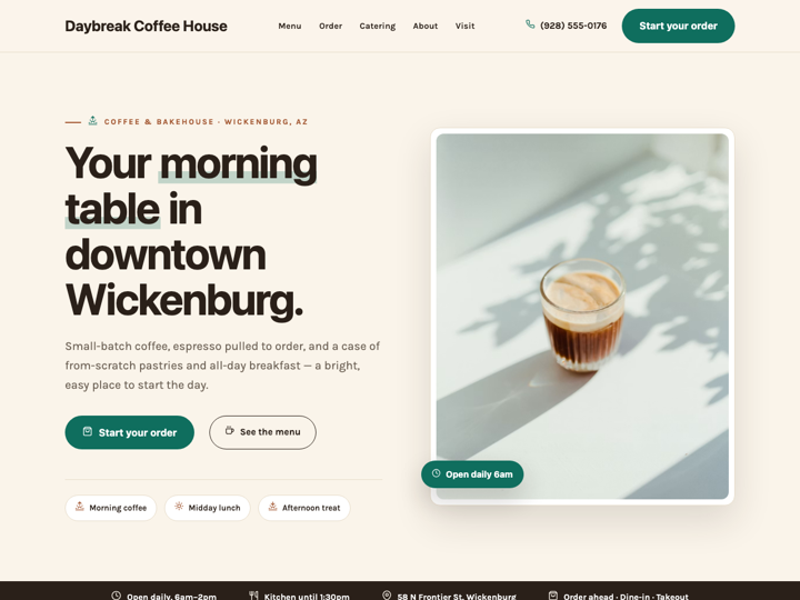 Home page of the Daybreak Coffee House site