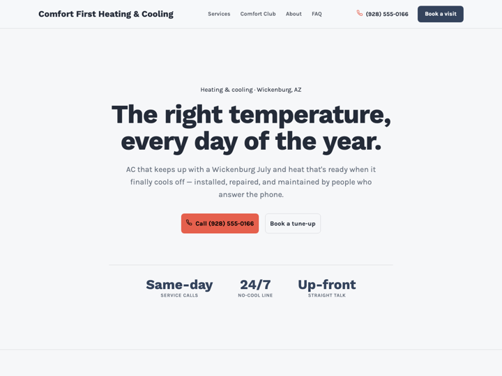 Home page of the Comfort First Heating & Cooling template