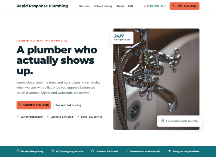 Home page of the Rapid Response Plumbing template