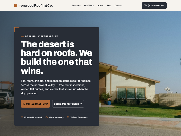 Home page of the Ironwood Roofing Co. template