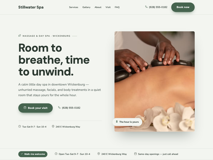 Home page of the Stillwater Spa template