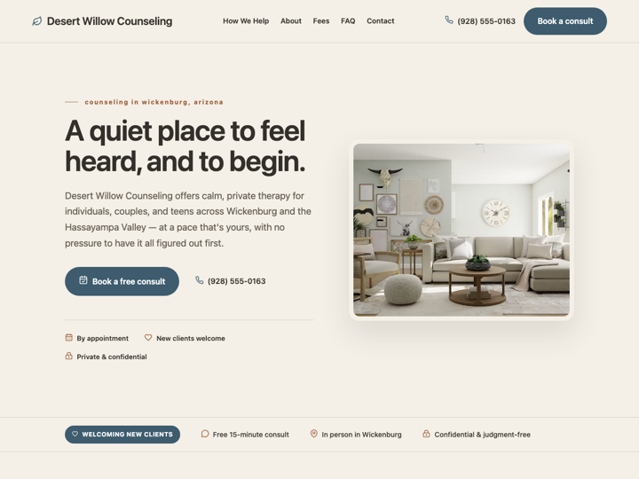 Home page of the Desert Willow Counseling site